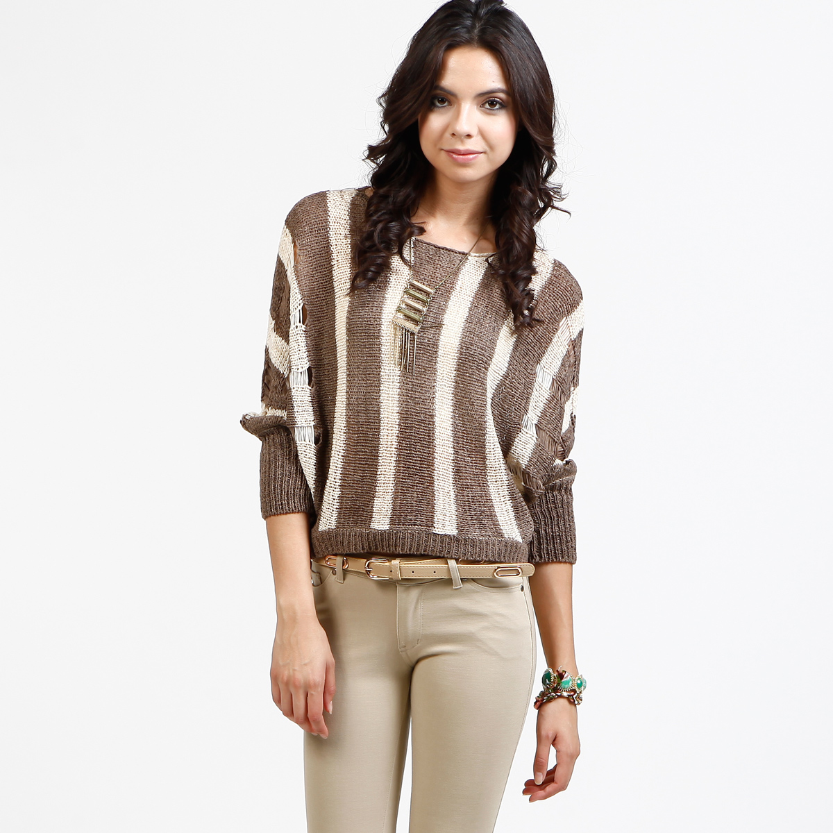 Striped Loose Knit High Low Sweater in Taupe | DAILYLOOK