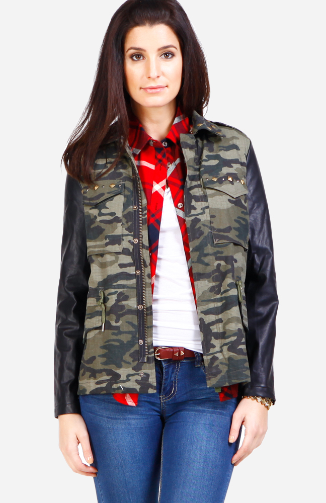 Leather Sleeve Camo Jacket in Green DAILYLOOK