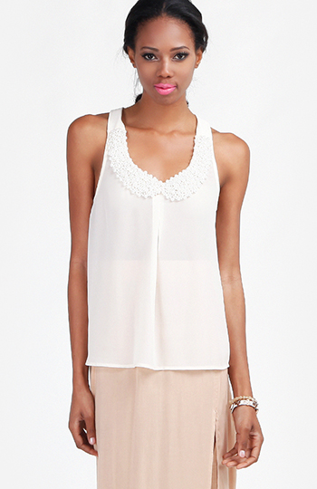 Pearl Collar Lace Back Top in Cream | DAILYLOOK