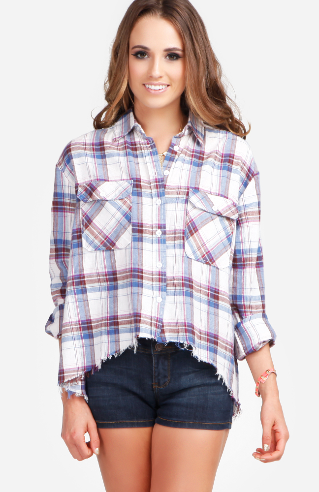 Open Back Plaid Shirt in Blue | DAILYLOOK