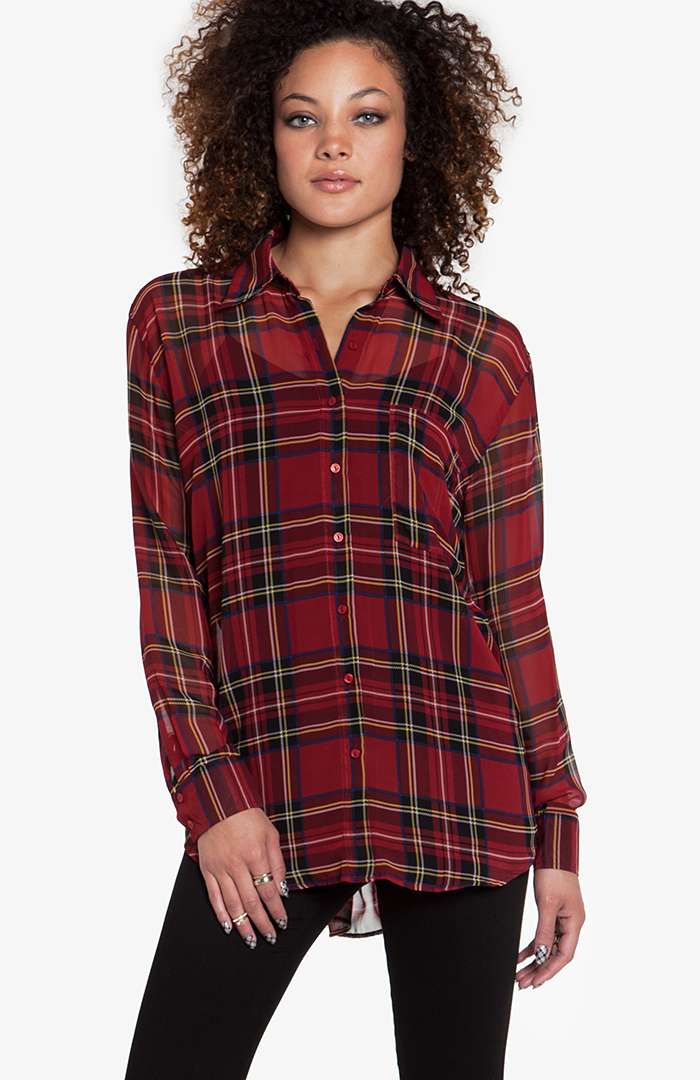GLAMOROUS Plaid Chiffon Blouse in Red DAILYLOOK