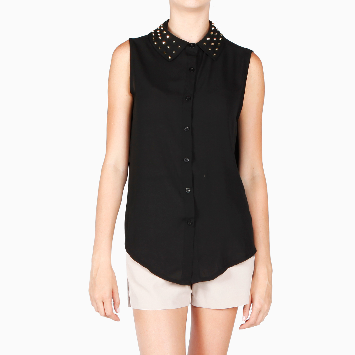 Sleeveless Sheer Studded Collar Top in Black DAILYLOOK
