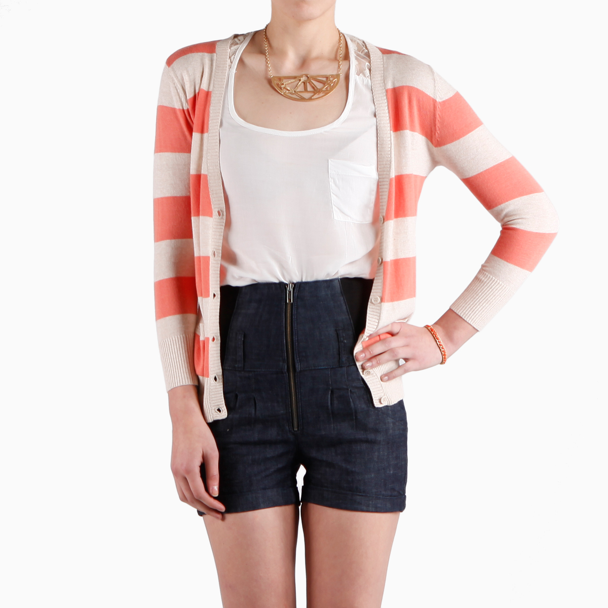 Twila Stripe Scoop Neck Raw Edge Short Sleeve Cardigan main image 1