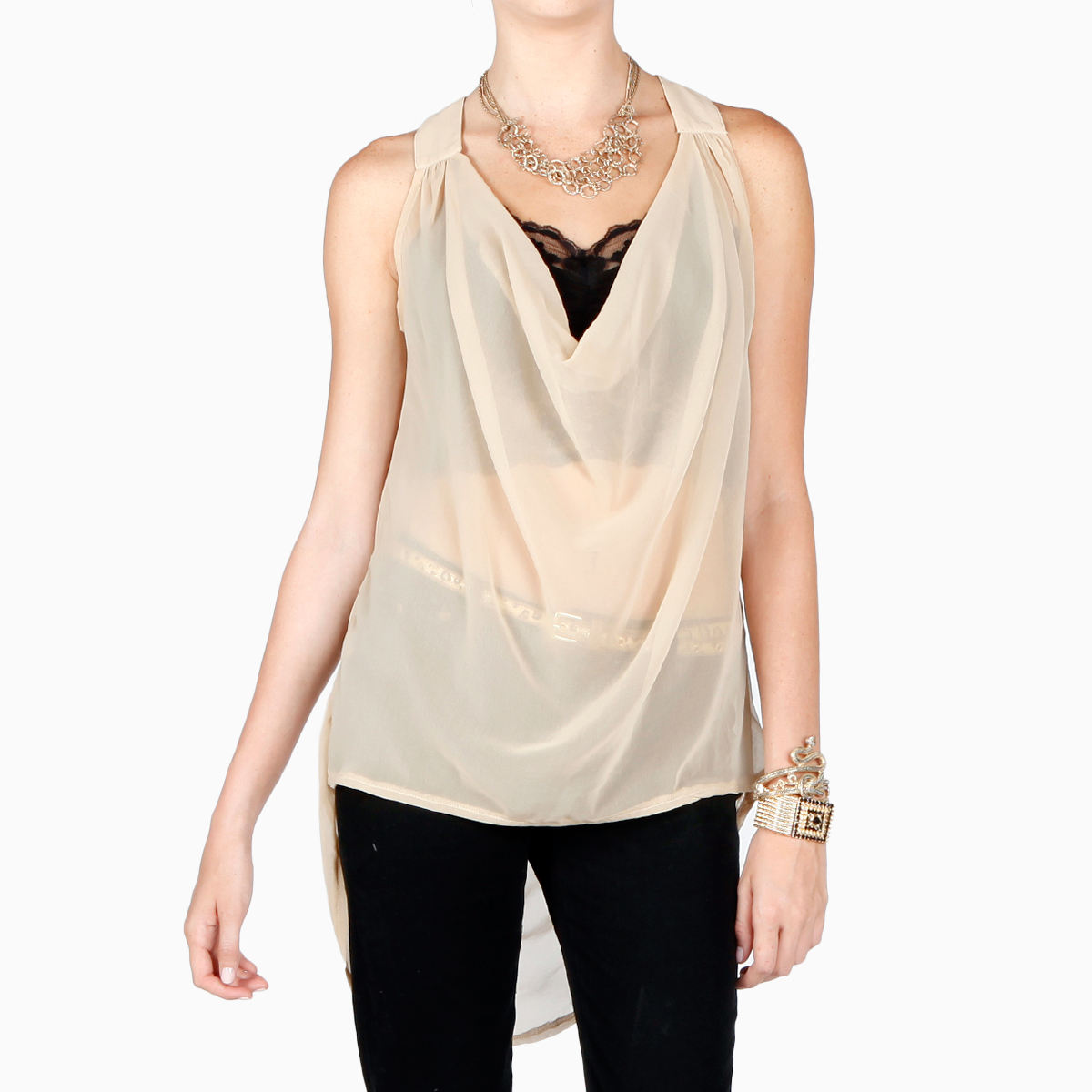Sheer Cowl Cut Out Back Top in Beige | DAILYLOOK