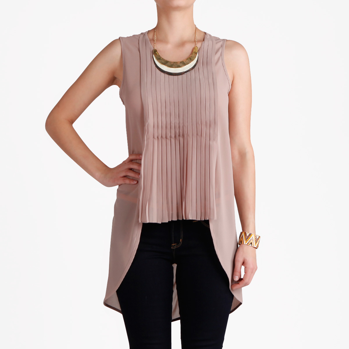 Knife Pleated Sleeveless Top in Taupe | DAILYLOOK