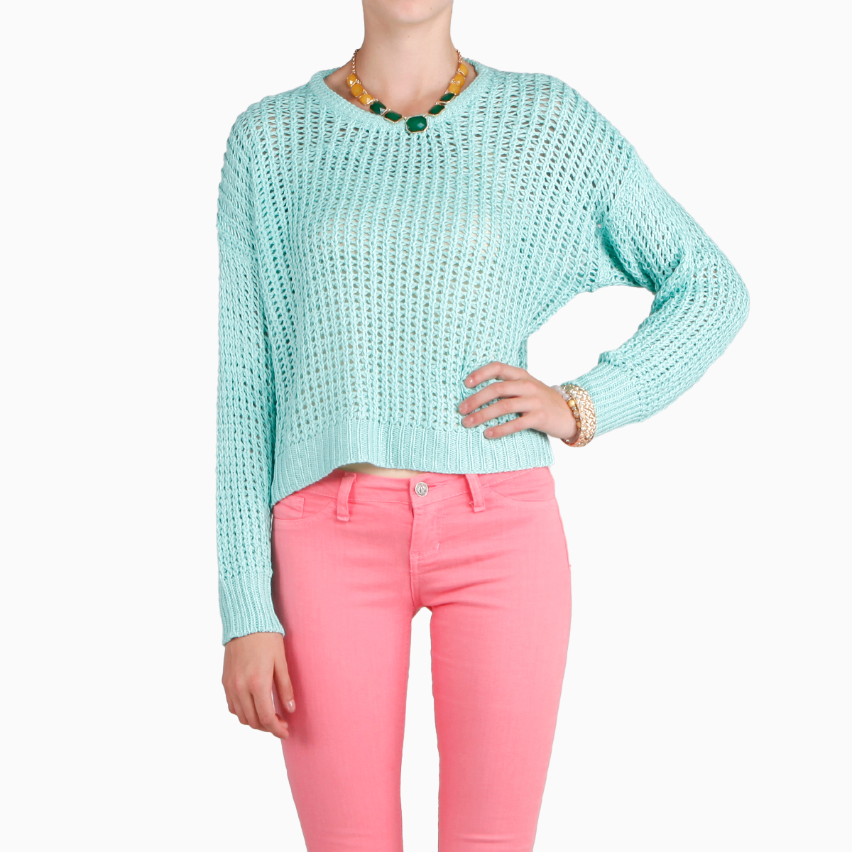 Open Knit Asymmetrical Sweater in Mint | DAILYLOOK