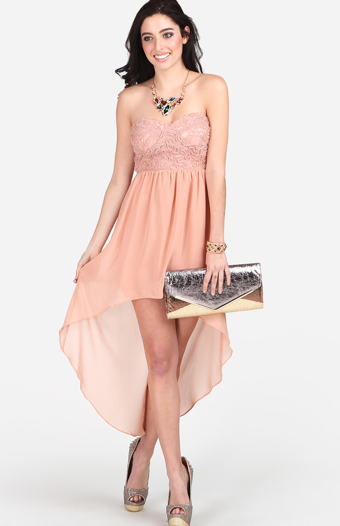 Rosette High Low Strapless Dress in Dusty Pink DAILYLOOK