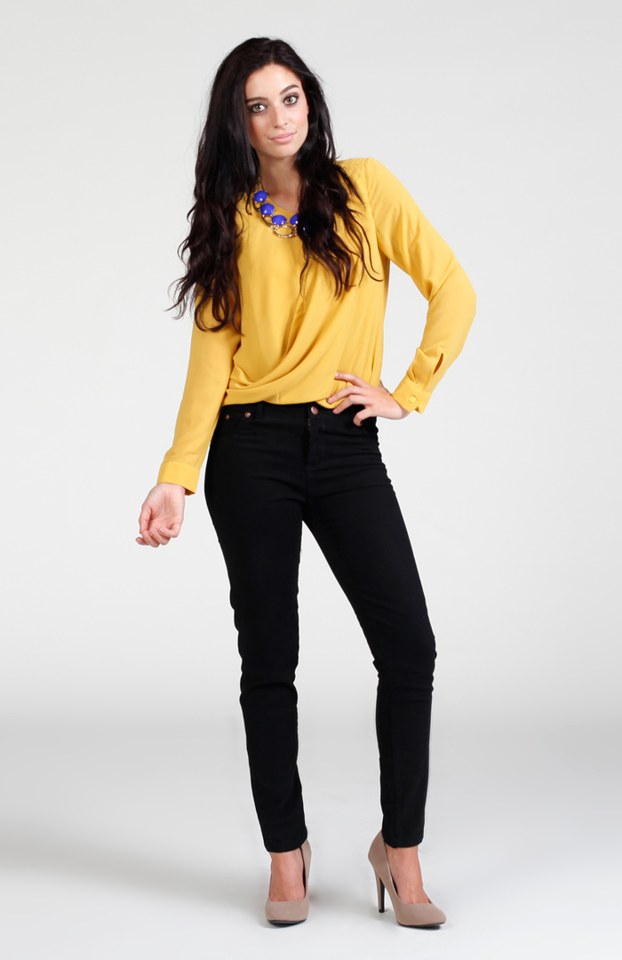 Shirred Cuff Faux Wrap Blouse