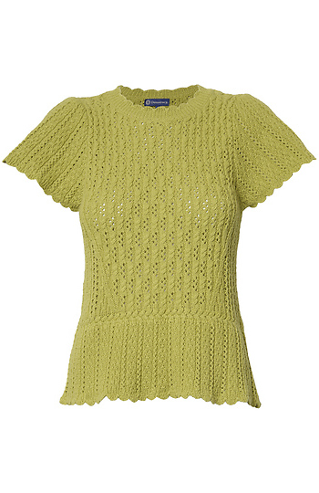 FLOUNCE SHORT SLEEVE, ROUND NECK, PEPLUM CROCHET SWEATER TOP Slide 1