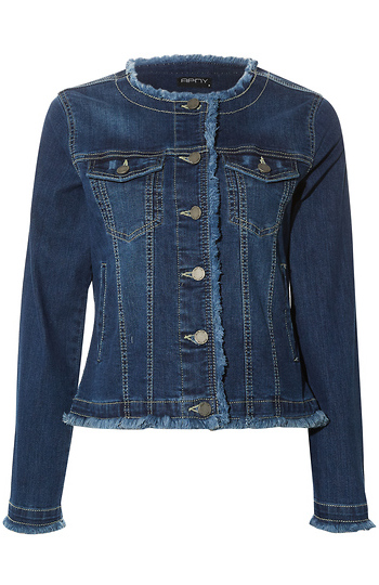 Collarless Jean Jacket with Frayed Detail Slide 1