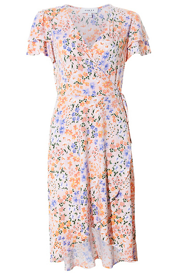 Double Layered Sleeve Floral Wrap Midi Dress Slide 1