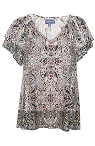 Democracy Smocked Neck Printed Peasant Top Slide 1