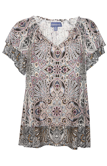 Democracy Smocked Neck Printed Peasant Top Slide 1