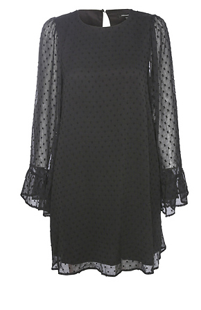 Swiss Dot Bell Sleeve Mini Dress in Black | DAILYLOOK Swiss Dot Bell Sleeve Mini Dress in Black | DAILYLOOK