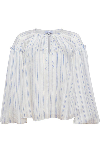 Split Neck with Self Tie Long Bell Sleeve Blouse Slide 1