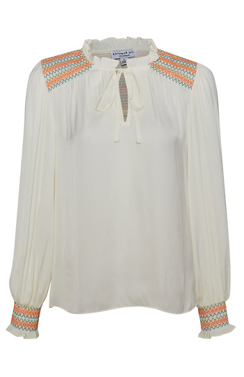 Ruffled Split Neck Blouse with Smocking Detail Slide 1