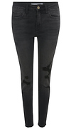 Mid Rise Distressed Raw Hem Crop Denim