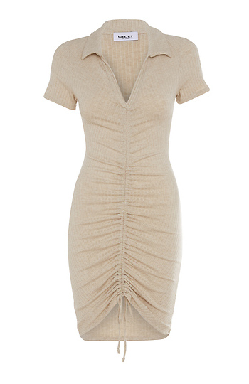 Collared Front Ruching Rib Dress Slide 1