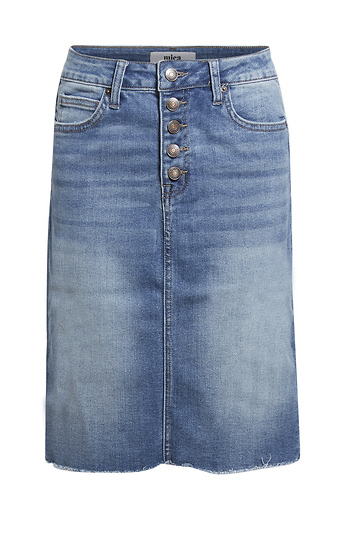 Button Fly Frayed Hem Denim Skirt Slide 1