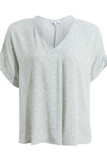 Rolled Sleeve V-Neck Abstract Top Slide 1