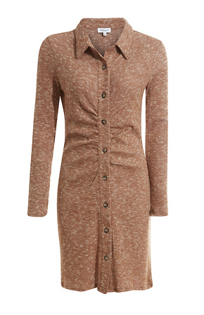 Long Sleeve Ruched Mini Shirt Dress in Rust | DAILYLOOK