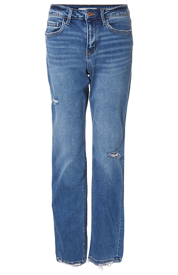 Mid Rise Distress Hem Straight Jean Slide 1