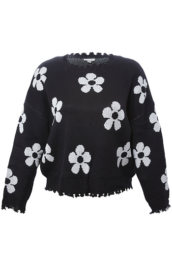 Distressed Floral Patterned Pullover Sweater Slide 1