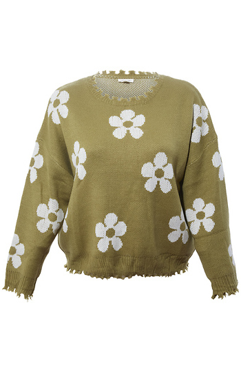 Distressed Floral Patterned Pullover Sweater Slide 1