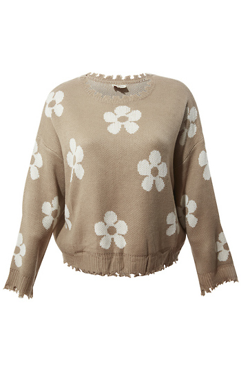 Distressed Floral Patterned Pullover Sweater Slide 1