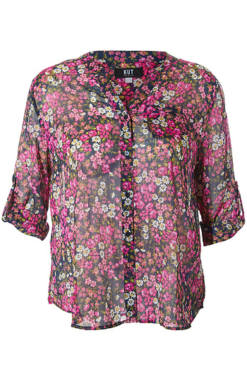KUT from the Kloth Button Front Long Sleeve Sheer Blouse Slide 1