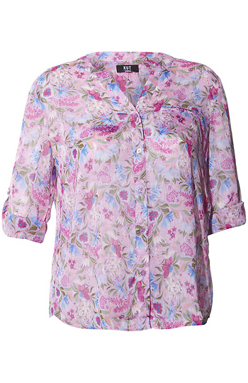 KUT from the Kloth Button Front Long Sleeve Sheer Blouse Slide 1