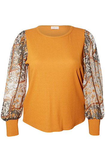 Floral Long Contrast Sleeve Top Slide 1