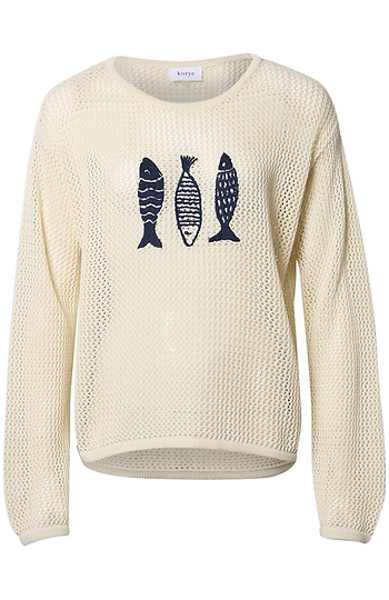 Open Knit Fish Printed Sweater Slide 1