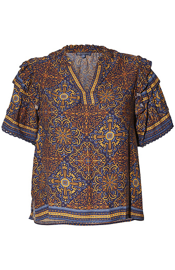 Democracy Border Print Short Pleated Sleeve Top Slide 1