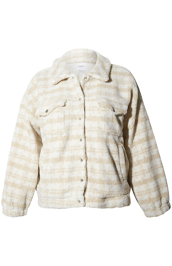 Plaid Button Front Teddy Jacket Slide 1