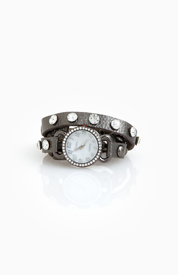 Crystal Stud Leather Wrap Watch Bracelet Slide 1