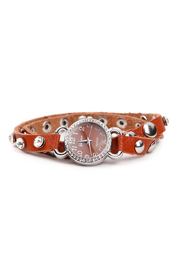 Crystal Stud Leather Wrap Watch Bracelet Slide 1