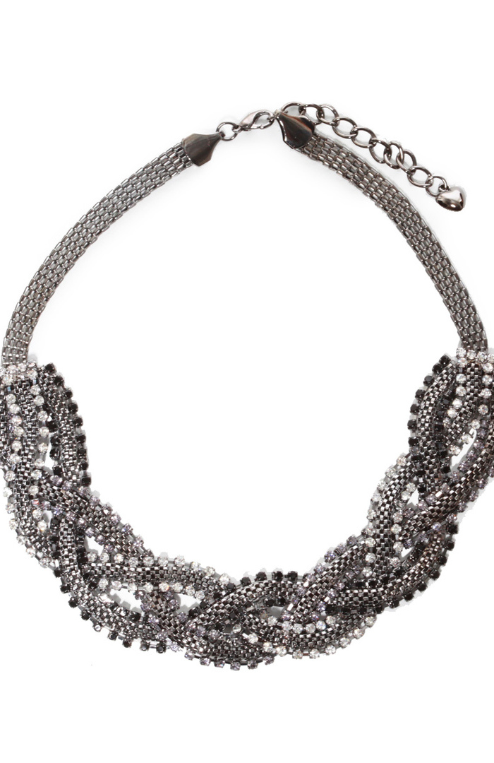 Hematite and Crystal Chain Braided Necklace in Black | DAILYLOOK