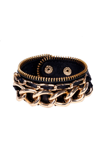 Gold Curb Link Chain Leather Bracelet Slide 1