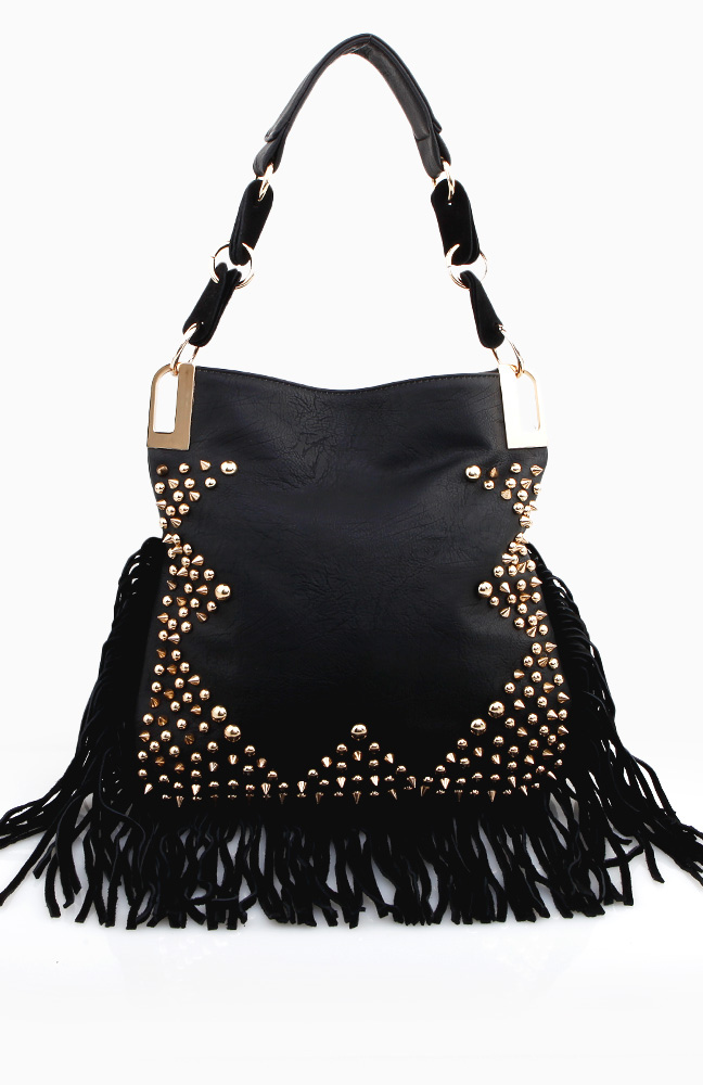 Studded Purse with Fringe in Black DAILYLOOK