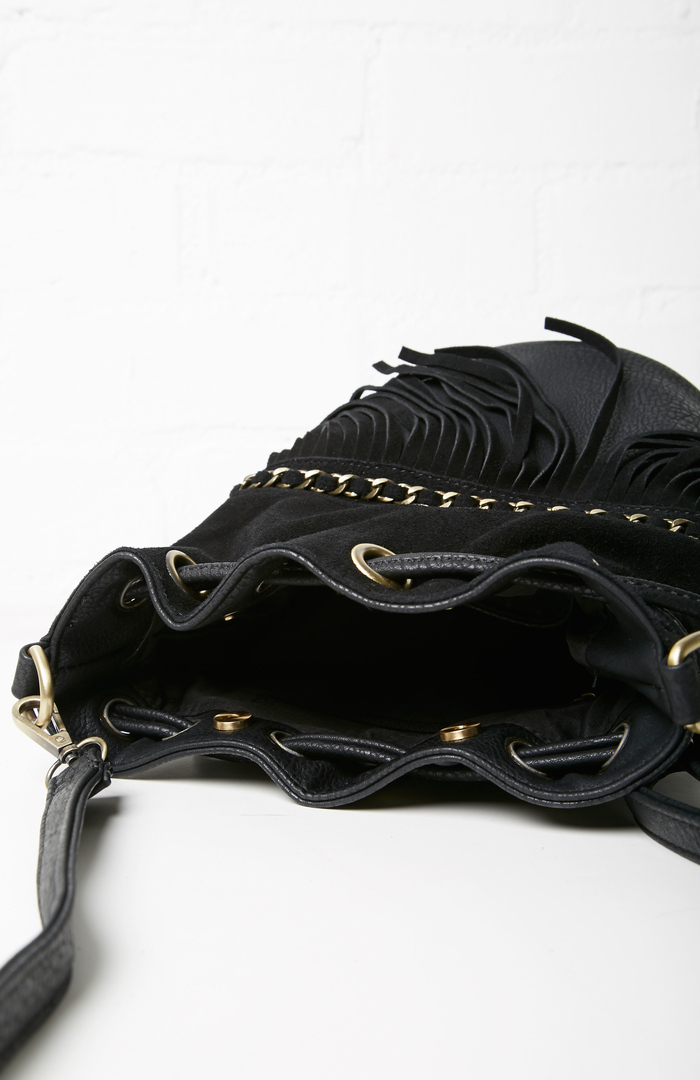 Sinatra Faux Suede Fringe Bucket Bag in Black DAILYLOOK