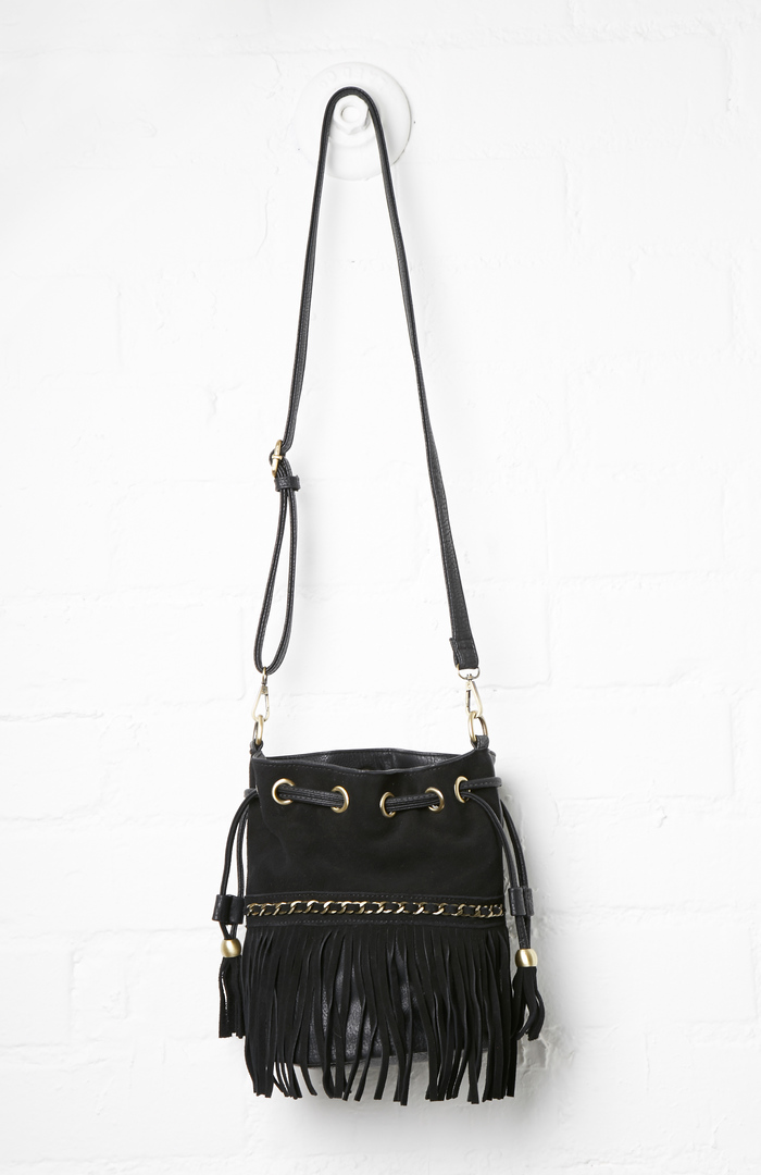 Sinatra Faux Suede Fringe Bucket Bag in Black DAILYLOOK