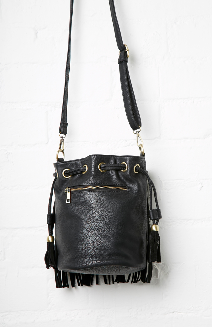 Sinatra Faux Suede Fringe Bucket Bag in Black DAILYLOOK
