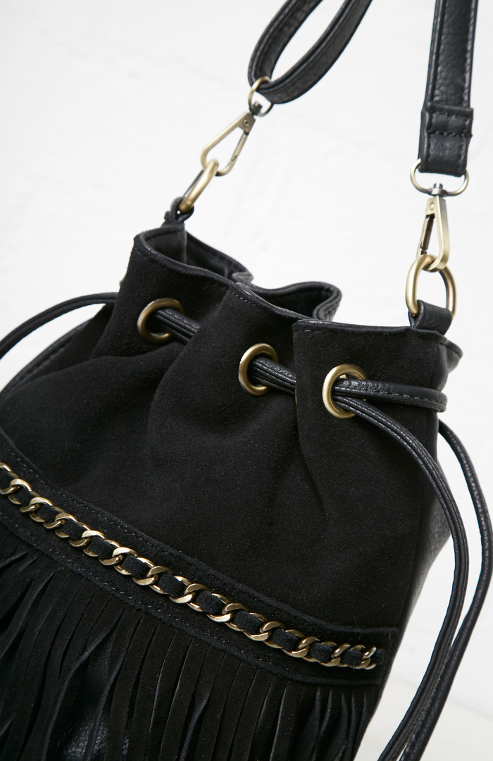 Sinatra Faux Suede Fringe Bucket Bag in Black DAILYLOOK
