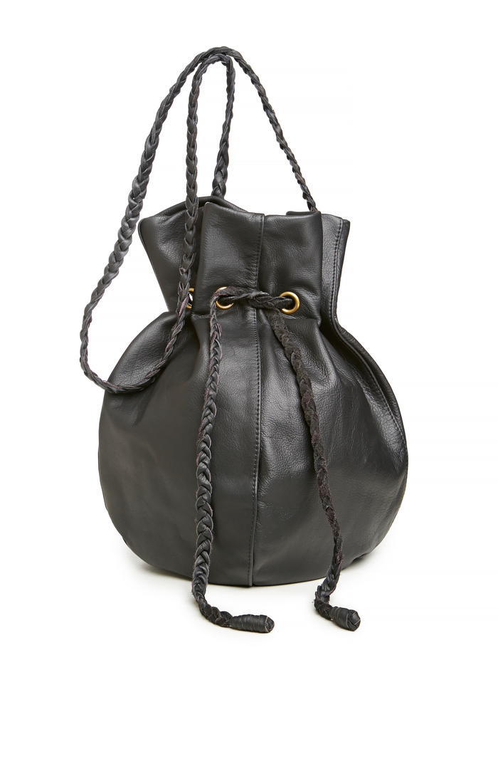 Leather Drawstring Bucket Bag in Black DAILYLOOK