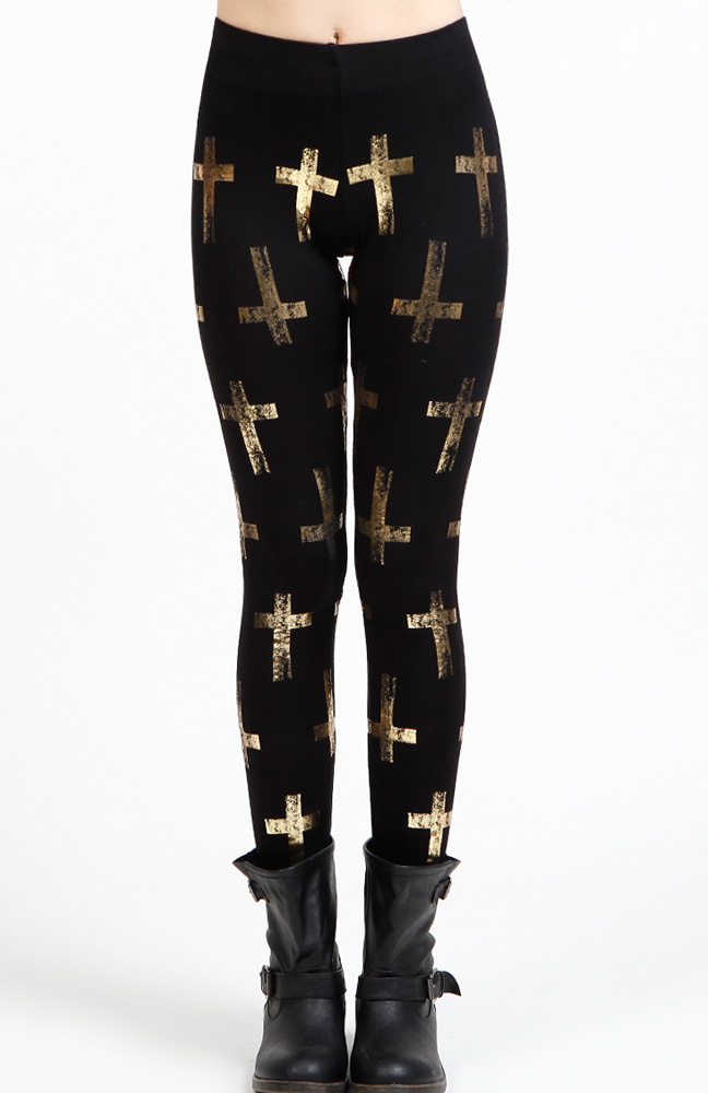Metallic Cross Print Leggings in Black DAILYLOOK
