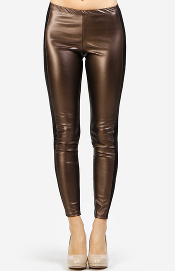 Metallic Faux Leather Panel Leggings Slide 1