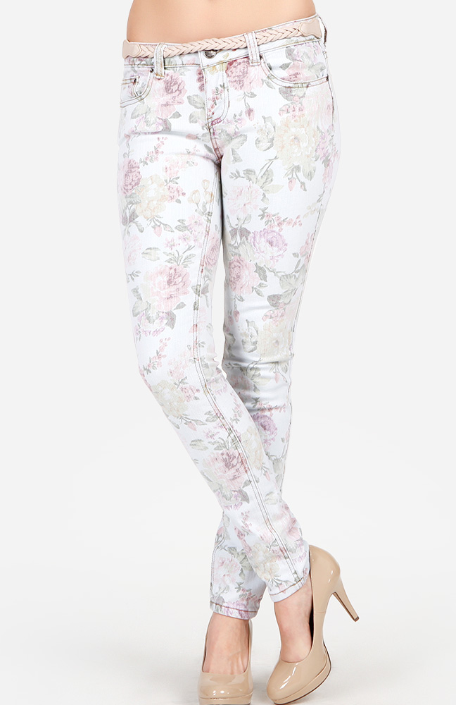 Faded Floral Print Jeans in Light Grey DAILYLOOK
