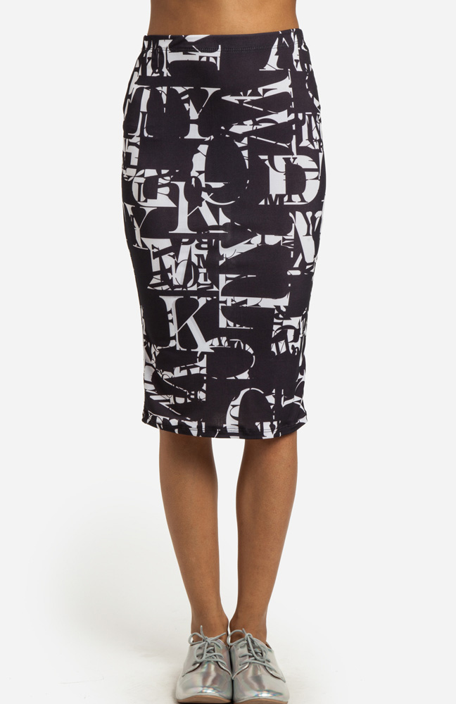 Scrambled Letter Pencil Skirt in Charcoal | DAILYLOOK