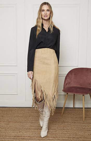 NIGHTWALKER x Tres Chic Vegan Suede Fringe Skirt Slide 1